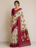 Temple-Tree Heritage Kalamkari Silk Saree with  Zari Border -RED