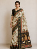 Temple-Tree Heritage Kalamkari Silk Saree with  Zari Border -BLACK