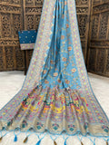 Traditional multicolor Patola-inspired pallu and border -SKY BLUE