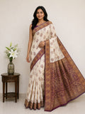 Classic Ivory Saree with Woven Zari Pallu -WINE