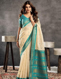 Royal Aqua Temple Border Saree - CREAM