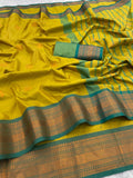 Premium Soft Banarasi Silk  Saree and Copper Zari & Rich Pallu with Contrast Blouse-YELLOW
