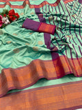 Premium Soft Banarasi Silk  Saree and Copper Zari & Rich Pallu with Contrast Blouse-SEA GREEN