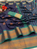 Premium Soft Banarasi Silk  Saree and Copper Zari & Rich Pallu with Contrast Blouse-NAVY BLUE