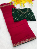 Elegant Vichitra Saree with Jharkan Border Work & Contrast Designer Blouse - RED