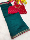 Elegant Vichitra Saree with Jharkan Border Work & Contrast Designer Blouse - RAMA