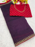 Elegant Vichitra Saree with Jharkan Border Work & Contrast Designer Blouse - WINE