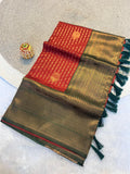 Radiant  Red  &  Green  Kanchipuram Pattu Silk Saree with Rich Zari Border