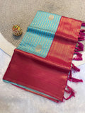 Radiant  Sky Blue   & Rani Pink  Kanchipuram Pattu Silk Saree with Rich Zari Border