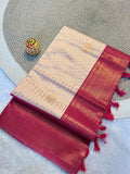 Radiant  White  & Rani Pink  Kanchipuram Pattu Silk Saree with Rich Zari Border