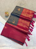 Radiant  Grey  & Rani Pink   Kanchipuram Pattu Silk Saree with Rich Zari Border