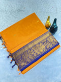 Mustard Gold Silk Saree with Blue Brocade Border YELLOW