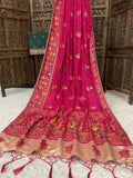Elegant Soft Silk  Saree with Pashmina Work & Contrast Blouse - PINK