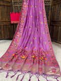 Elegant Soft Silk  Saree with Pashmina Work & Contrast Blouse - LIGHT PURPLE
