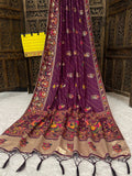 Elegant Soft Silk  Saree with Pashmina Work & Contrast Blouse - WINE