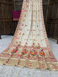 Elegant Soft Silk  Saree with Pashmina Work & Contrast Blouse - WHITE