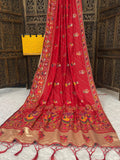 Elegant Soft Silk  Saree with Pashmina Work & Contrast Blouse - RED