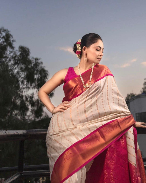White Kanjivaram Saree With Pink Border