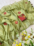 Elegant Cotton Bandhani Saree with Handmade Butta Work & Sequin Detailing - PARROT