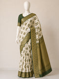 Premium Linen Cotton Saree with Floral Ethnic Weaving -GREEN