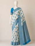 Premium Linen Cotton Saree with Floral Ethnic Weaving -SKY BLUE