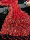 Royal Soft Silk Saree with Intricate Pashmina Work & Contrast Butti Blouse - RED