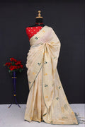 Olive Green Traditional Woven Silk Saree - OFF WHITE