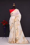 Olive Green Traditional Woven Silk Saree - WHITE