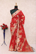 Olive Green Traditional Woven Silk Saree - RED