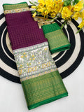 Royal Two-Tone Dolla Checks Saree With Jacquard Border & Contrast Designer Blouse -WINE