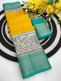 Royal Two-Tone Dolla Checks Saree With Jacquard Border & Contrast Designer Blouse -YELLOW