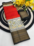 Royal Two-Tone Dolla Checks Saree With Jacquard Border & Contrast Designer Blouse - RED