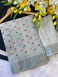 Hand-Embroidered Floral Dress Material-GREY