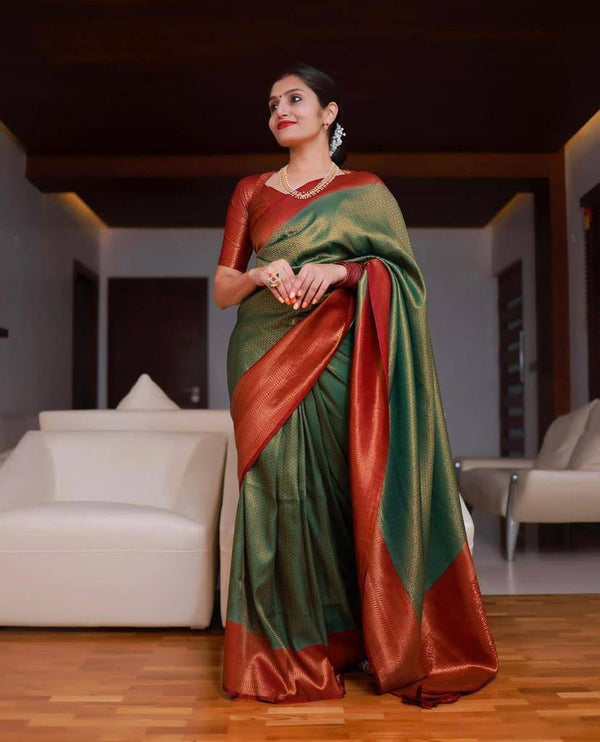 Green and Red Colour Kanjivaram Woven Silk Saree With Blouse Piece
