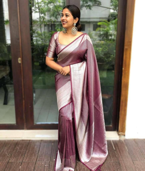 Wine Colour Kanjivaram Woven Silk Saree With Blouse Piece