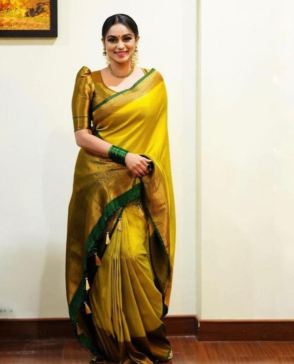 Lemon Yellow Colour Kanjivaram Woven Silk Saree With Blouse Piece