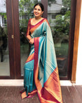Wedding Wear Kanjivaram Woven Silk Saree With Blouse Piece -Indigo