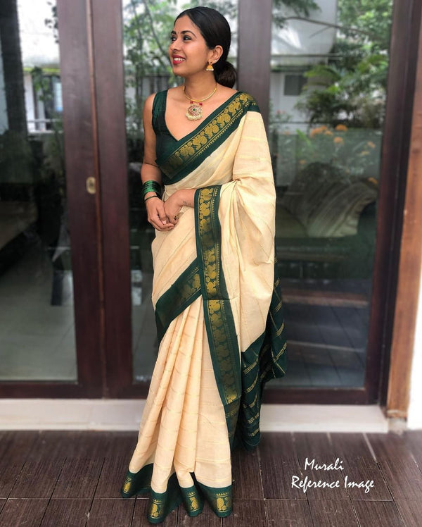 Cream and Green Colour Kanjivaram Woven Silk Saree With Blouse Piece