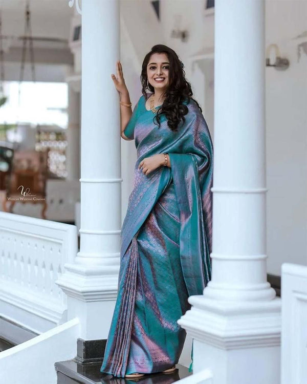 Blue Colour Kanjivaram Woven Silk Saree With Blouse Piece