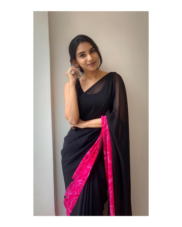 Mellifluous 1-Minute Ready To Wear Black Georgette Saree