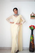 1-Min Georgette Ready To Wear Saree With Blouse Piece - CREAM