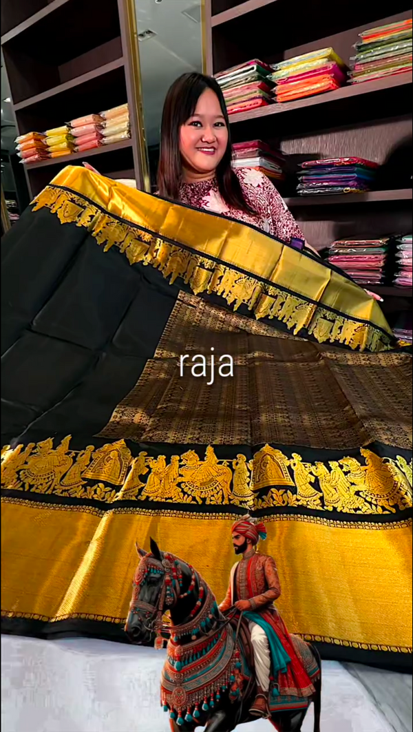Raja Black Palakku Saree with Golden Zari Work