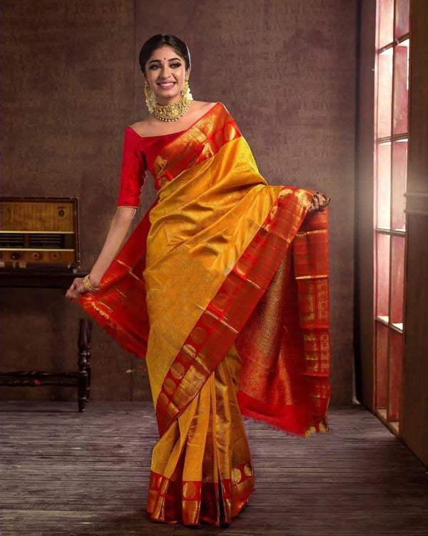 Yellow and Red Colour Kanjivaram Woven Silk Saree With Blouse Piece