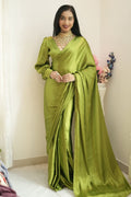 1-Min Satin Ready To Wear Saree With Blouse Piece - Green