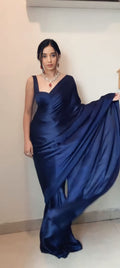 1-Min Satin Ready To Wear Saree With Blouse Piece - Navy blue