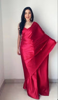 1-Min Satin Ready To Wear Saree With Blouse Piece - Red