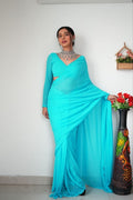 1-Min Georgette Ready To Wear Saree With Blouse Piece - SKY BLUE