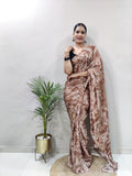Party Wear 1-Min Georgette Ready To Wear Saree With Blouse Piece - COFFEE