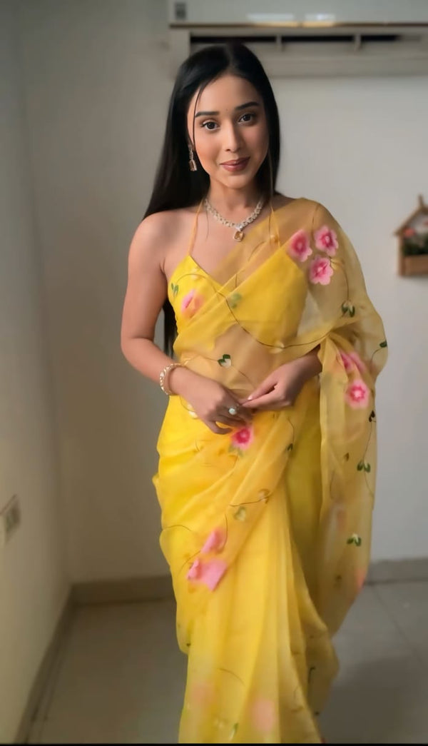 Glamorous 1-Minute Ready To Wear Yellow Organza Silk Saree