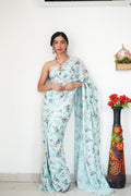 Extraordinary 1-Minute Ready To Wear Sky Blue Printed Satin Silk Saree